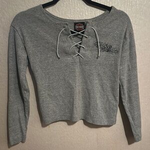 Gray Lace-Up Crop Long Sleeve with Embroidered Logo
